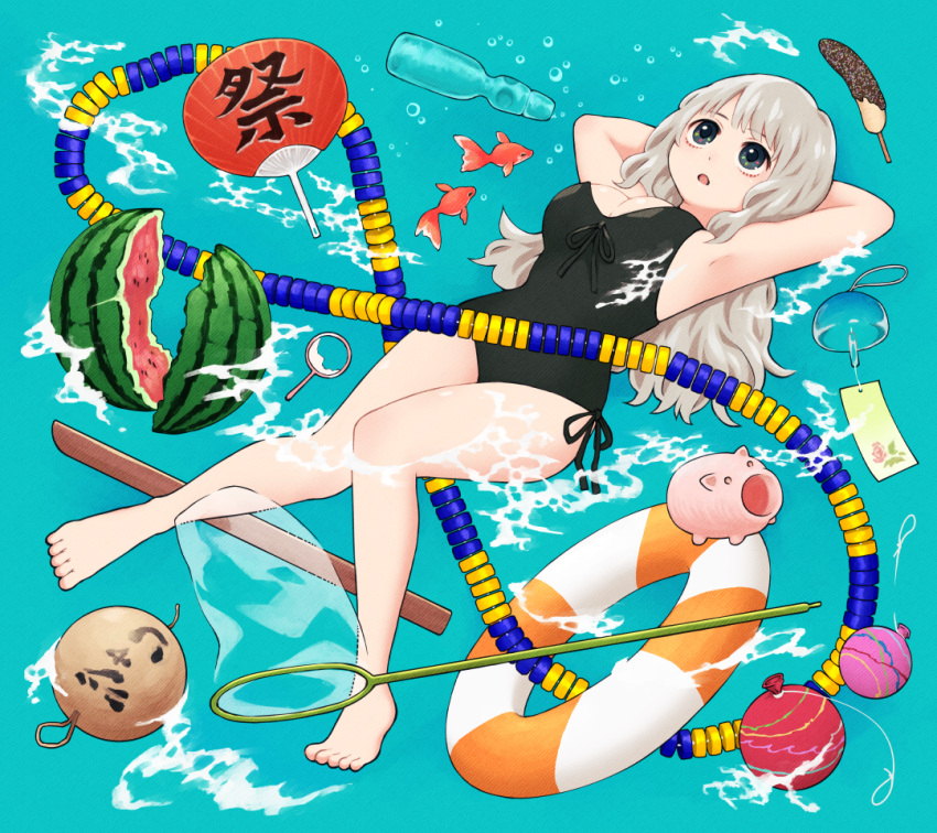 :o afloat armpits arms_behind_head bare_legs barefoot black_eyes black_one-piece_swimsuit bokken breasts butterfly_net chocolate_banana cleavage commentary feet female fish floating food fruit full_body goldfish goldfish_scooping grey_hair hand_fan hand_net innertube kayari_buta lane_line large_breasts long_hair looking_up mobius_strip one-piece_swimsuit open_mouth original paper_fan partially_submerged ramune side-tie_swimsuit solo summer swim_ring swimsuit sword toes uchiwa water water_balloon watermelon weapon wind_chime wooden_sword yajirushi_(chanoma) yo-yo