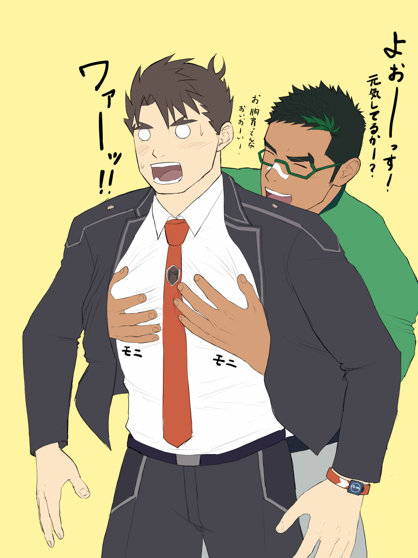 2boys absurdres bandaid bandaid_on_face bandaid_on_nose bara between_pectorals black_hair blush dark-skinned_male dark_skin facial_hair flat_color formal goatee grabbing green_hair groping highres jacket jashin_doruton kyoichi_(live_a_hero) live_a_hero long_sideburns male_focus male_protagonist_(live_a_hero) multicolored_hair multiple_boys muscular muscular_male necktie necktie_between_pectorals open_clothes open_jacket pectoral_grab pectorals shirt short_hair sideburns streaked_hair surprised sweatdrop translation_request watch white_shirt wristwatch yaoi