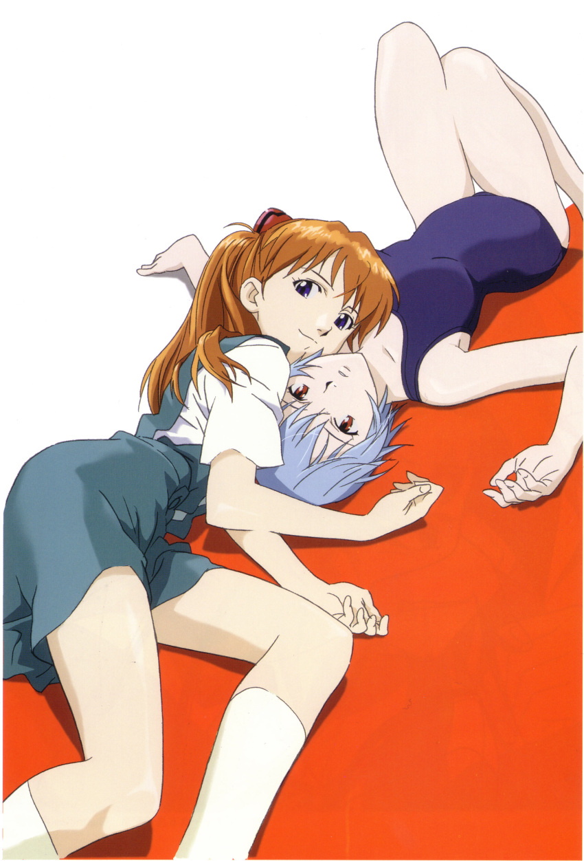 2girls absurdres artist_request ayanami_rei blue_eyes blue_hair blue_one-piece_swimsuit blue_skirt breasts brown_hair closed_mouth highres interface_headset kneehighs long_hair looking_at_viewer lying multiple_girls neon_genesis_evangelion official_art on_back on_side one-piece_swimsuit parted_lips red_background red_eyes school_swimsuit school_uniform shirt short_hair skirt smile socks source_request souryuu_asuka_langley swimsuit tokyo-3_middle_school_uniform tsurumaki_kazuya two-tone_background white_background white_shirt white_socks