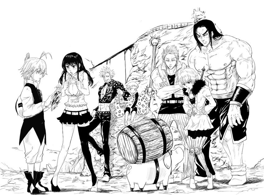 3girls 5boys absurdres ban_(nanatsu_no_taizai) barrel commentary_request diane_(nanatsu_no_taizai) elizabeth_liones greyscale griamor hair_over_one_eye hauser_(nanatsu_no_taizai) hawk_(nanatsu_no_taizai) highres king_(nanatsu_no_taizai) long_hair midriff monochrome multiple_boys multiple_girls nanatsu_no_taizai navel skirt takasakiyama_monmon thighhighs veronica_liones