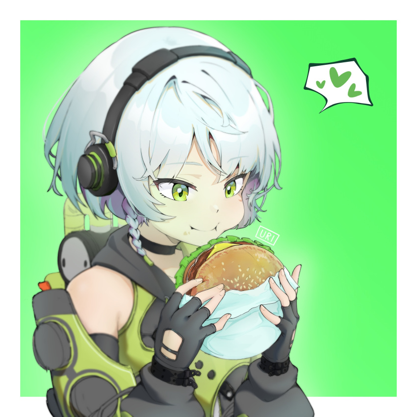 :t anby_demara bare_shoulders black_choker black_gloves border braid burger choker english_commentary female fingerless_gloves food gloves green_background green_eyes headphones heart highres holding holding_burger holding_food long_sleeves outside_border short_hair smile solo spoken_heart upper_body uri_matsuura white_border white_hair zenless_zone_zero