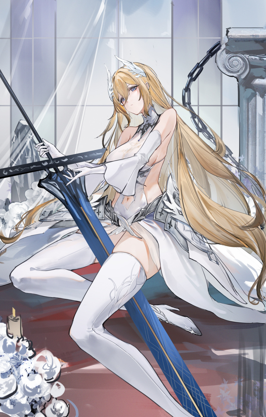 absurdres azur_lane bare_shoulders bayard_(azur_lane) blonde_hair blue_eyes boots breasts detached_sleeves dress female flantia foot_out_of_frame hair_between_eyes highres holding holding_sword holding_weapon long_hair looking_at_viewer medium_breasts see-through_curtains sideboob solo sword thigh_boots thighhighs very_long_hair weapon white_dress white_footwear white_sleeves white_thighhighs wing_hair_ornament