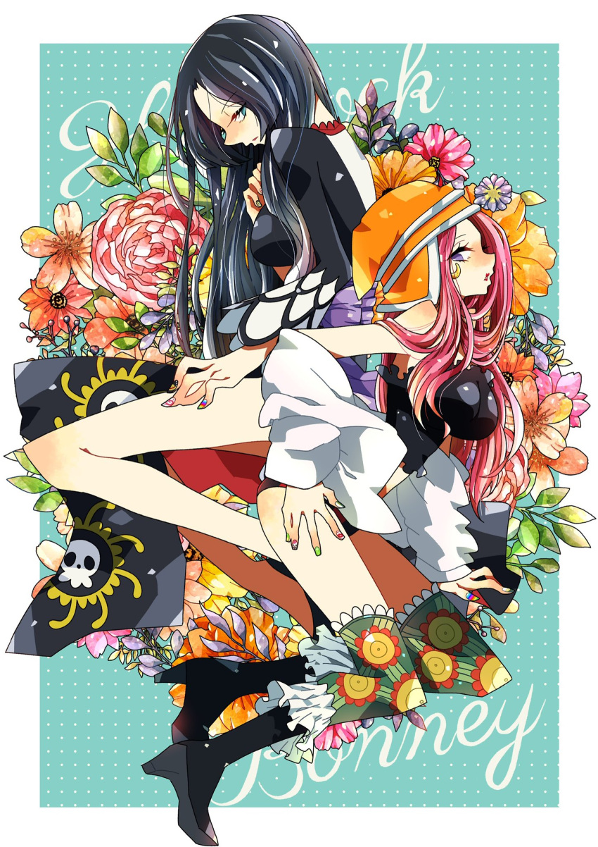 2girls anti-eyebrow_piercing black_footwear black_hair blue_eyes boa_hancock boots border character_name commentary_request crop_top dress eyelashes flower full_body hat highres jewelry_bonney long_hair long_sleeves multiple_girls noise_pp one_piece one_piece:_stampede orange_hat pink_hair profile purple_eyes purple_sash red_lips sash side_slit thighhighs white_border