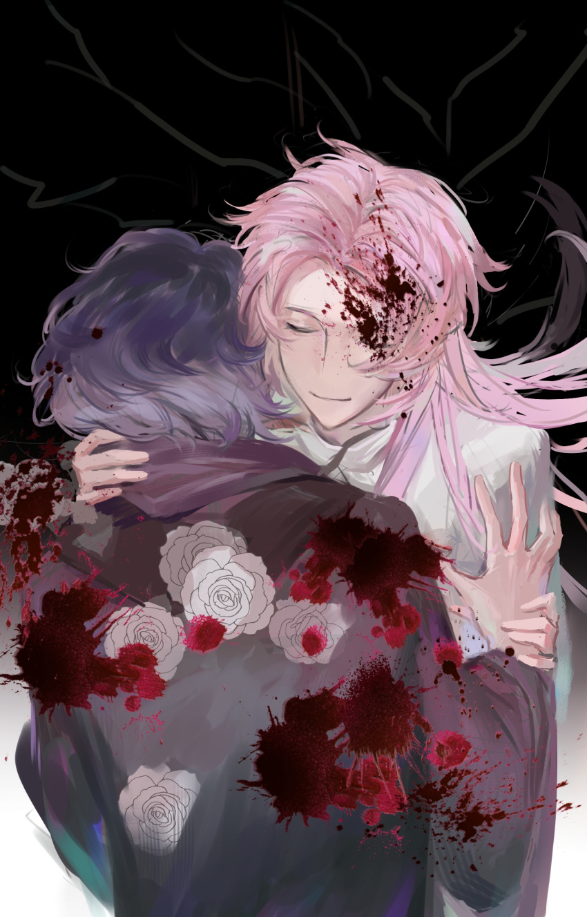 2boys absurdres black_hair black_jacket blood blood_in_hair blood_on_face blood_splatter chinese_commentary closed_eyes closed_mouth commentary_request flower hand_on_another's_shoulder hand_on_another's_wrist hatsutori_hajime highres hood hood_down hooded_jacket jacket long_hair male_focus multiple_boys pink_hair saibou_shinkyoku shirt short_hair smile utsugi_noriyuki white_flower white_shirt winsud