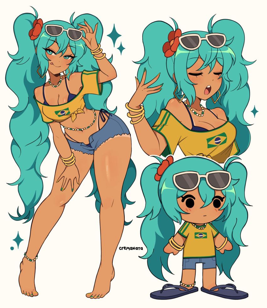 adjusting_eyewear arm_up artist_name barefoot black_footwear blue_hair bracelet brazilian_miku breasts chibi cleavage closed_eyes cremanata crop_top earrings female flip-flops hatsune_miku highres jewelry large_breasts long_hair navel necklace open_mouth sandals simple_background solo sunglasses teeth tongue tongue_out twintails upper_teeth_only vocaloid white-framed_eyewear white_background