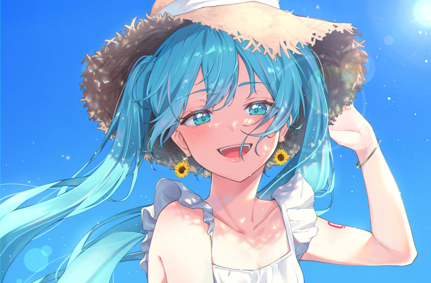 aqua_eyes aqua_hair arm_tattoo bare_shoulders blue_sky bracelet breasts cleavage collarbone commentary_request day dress earrings floating_hair flower_earrings frills hat hatsune_miku highres jewelry korinesan lens_flare long_hair looking_at_viewer open_mouth sky sleeveless smile straw_hat summer sunflower_earring tattoo twintails upper_body vocaloid white_dress