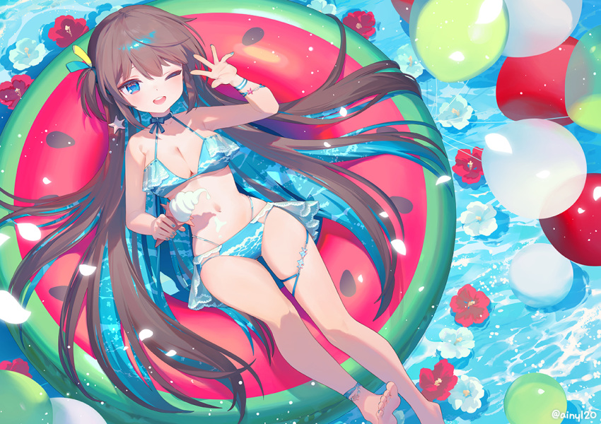 ainy artist_name balloon barefoot bikini blue_bikini blue_nails brown_hair commentary_request eyelashes female floating flower food full_body holding holding_food holding_ice_cream ice_cream long_hair looking_at_viewer lying nail_polish on_back one_eye_closed open_mouth original outdoors red_flower solo swim_ring swimsuit teeth upper_teeth_only very_long_hair water white_flower