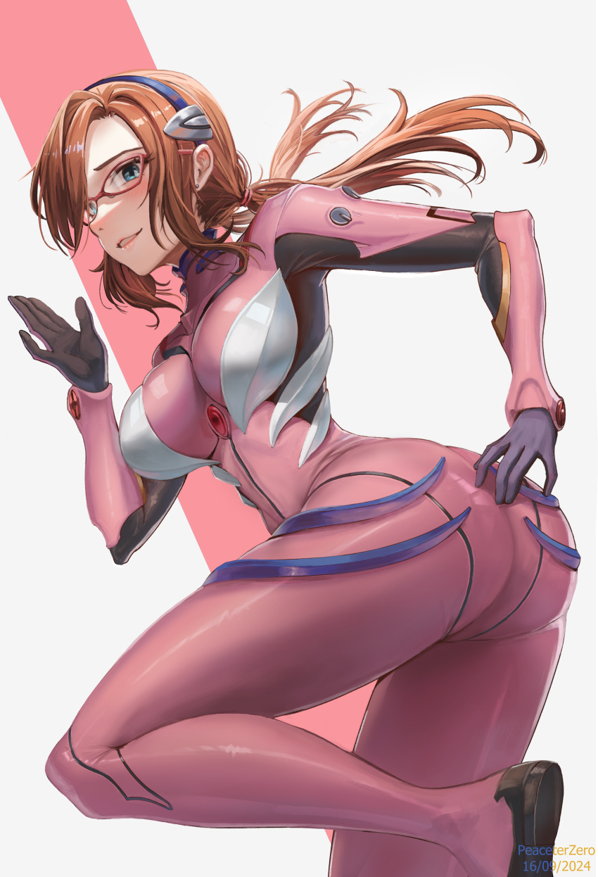 absurdres artist_name ass blue_eyes bodysuit breasts brown_hair dated english_commentary female glasses goddess_of_victory:_nikke highres interface_headset long_hair makinami_mari_illustrious multicolored_bodysuit multicolored_clothes neon_genesis_evangelion peaceterzero pilot_suit pink_bodysuit ponytail rebuild_of_evangelion red-framed_eyewear solo two-tone_gloves