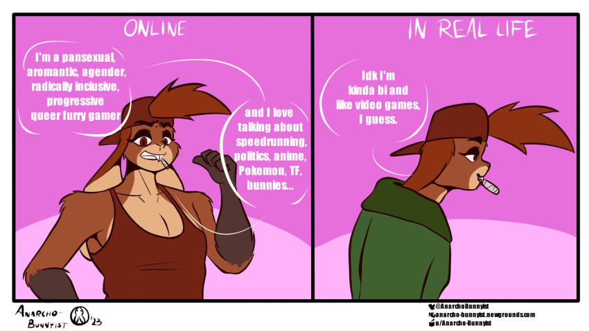 16:9 2023 2_panel_comic ambiguous_gender anarcho-bunnyist anthro backwards_baseball_cap backwards_hat baseball_cap brown_clothing brown_shirt brown_tank_top brown_topwear clothing dialogue drugs duo gesture green_clothing green_hoodie green_topwear hand_gesture hat headgear headwear hi_res hoodie humor iggys_the_bunnytaur lagomorph lagomorph_taur leporid leporid_taur mammal mammal_taur marijuana marijuana_blunt nonbinary_(lore) pointing pointing_at_self rabbit rabbit_taur red_eyes shirt smile speech_bubble tank_top taur text topwear widescreen