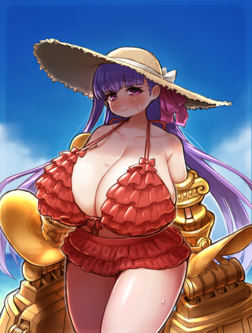 absurdres beach bikini bikini_skirt blue_sky blush breasts claw_(weapon) fate/extra fate/extra_ccc fate_(series) female frilled_bikini frilled_skirt frills gigantic_breasts hat highres ichika_(ichika_manga) looking_at_viewer ocean passionlip_(fate) pink_eyes red_bikini skirt sky solo straw_hat sweat swimsuit thighs weapon