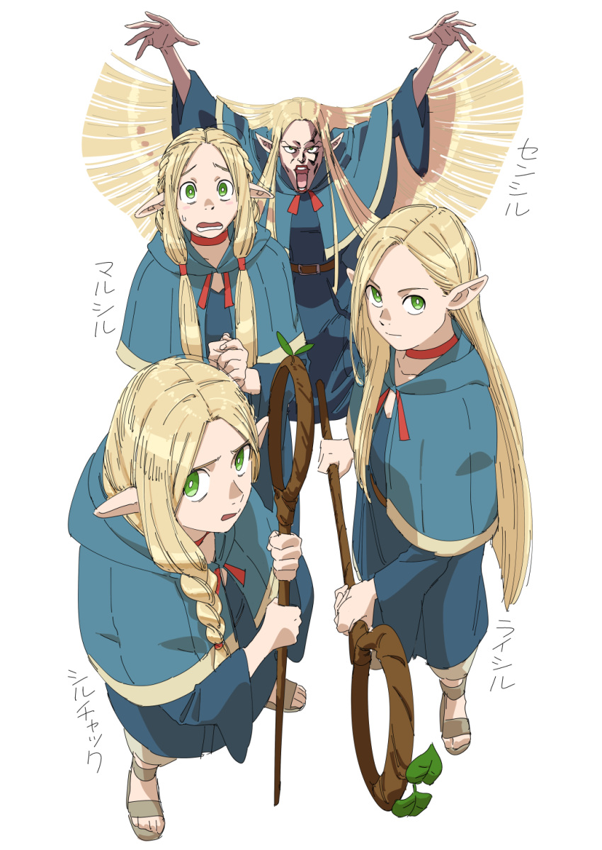 2024 5_fingers biped blonde_hair braided_hair clothed clothing delicious_in_dungeon elf eyebrows female fingers green_eyes group hair hi_res humanoid humanoid_pointy_ears jinou_rakugaki marcille_donato not_furry open_mouth