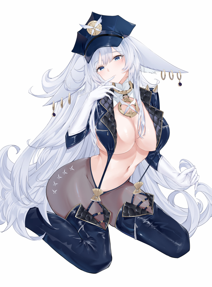 absurdres alternate_costume animal_ears azur_lane black_panties blue_eyes blue_footwear blue_hat blue_jacket boots breasts cropped_jacket elbow_gloves female fox_ears fox_girl gloves hat highres jacket large_breasts lieend linea_alba looking_at_viewer navel panties shinano_(azur_lane) shirt solo thigh_boots underwear white_background white_gloves white_hair