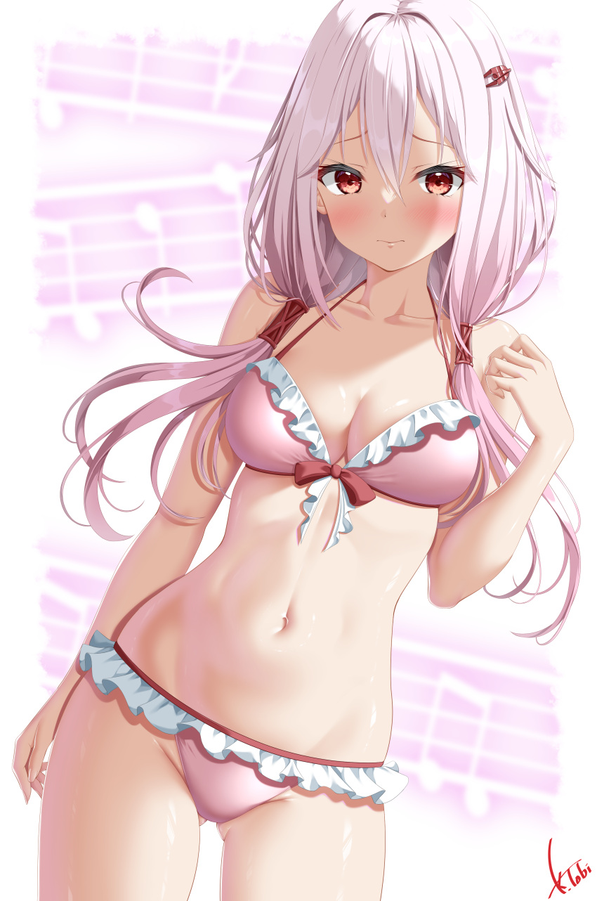 absurdres ass_visible_through_thighs bare_shoulders bikini blush breasts cleavage closed_mouth collarbone commission commissioner_upload cowboy_shot female frilled_bikini frills guilty_crown hair_ornament hair_tubes highres kogarashi_tobi large_breasts long_hair looking_at_viewer low_twintails musical_note navel non-web_source pink_background pink_bikini pink_hair red_eyes signature skeb_commission solo stomach swimsuit thighs twintails yuzuriha_inori