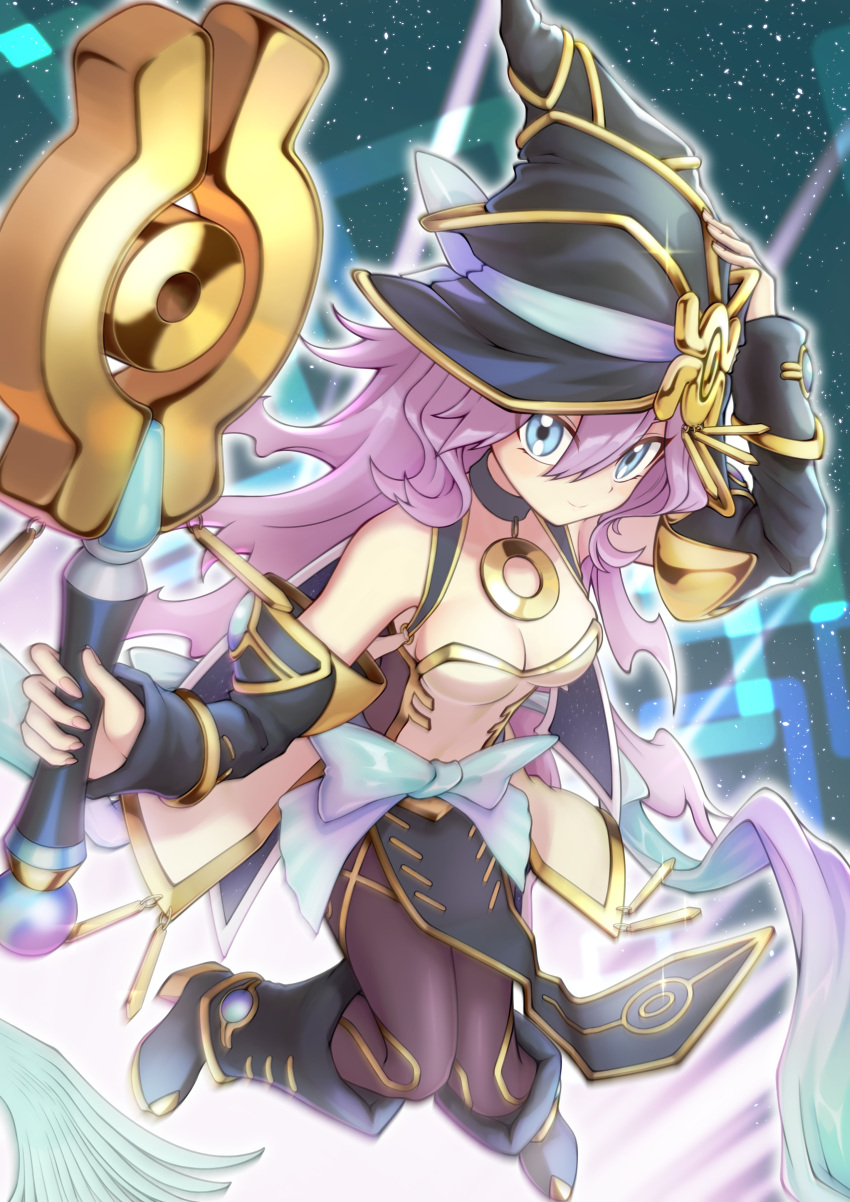 absurdres bare_shoulders blue_eyes bow breasts cleavage detached_sleeves dress duel_monster eye_of_horus female hair_between_eyes hat highres jrcp4372 long_hair long_sleeves looking_at_viewer medium_breasts nightmare_apprentice pantyhose purple_hair smile solo uribin_yp witch_hat wizard_hat yu-gi-oh!