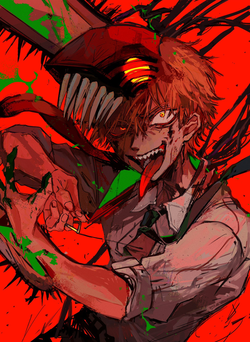 1boy chainsaw_man collared_shirt constricted_pupils denji_(chainsaw_man) fingernails green_necktie hair_behind_ear hair_between_eyes highres kuroume_(aihikarikuroume24) looking_at_viewer male_focus necktie open_mouth orange_hair partially_unbuttoned red_background sharp_teeth shirt short_hair short_sleeves simple_background smile solo teeth tongue tongue_out uneven_eyes upper_body white_shirt wide-eyed yellow_eyes