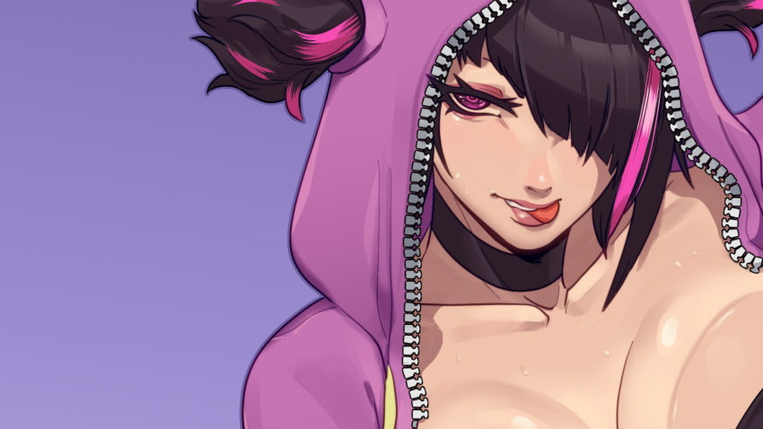 against_glass black_hair breast_press breasts breasts_on_glass collarbone female hair_over_one_eye highres juri_han large_breasts medium_hair multicolored_hair onesie pink_hair purple_background purple_eyes simple_background skullworms solo streaked_hair street_fighter thumbnail_collage tongue tongue_out twintails two-tone_hair upper_body