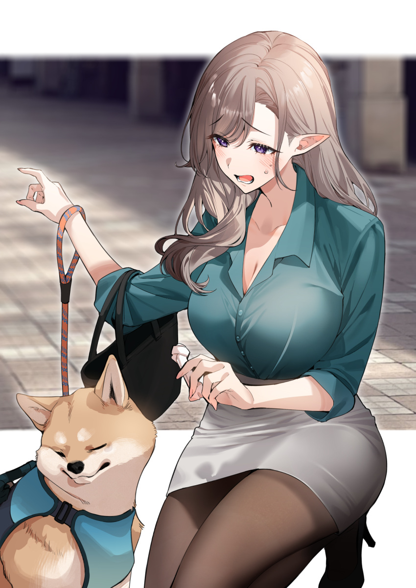 absurdres bag black_pantyhose breasts cleavage collarbone commentary_request commission cowboy_shot elf female green_shirt handbag high_heels highres holding holding_leash kneeling large_breasts leash light_brown_hair long_hair looking_at_animal office_lady open_mouth original pantyhose pencil_skirt pixiv_commission pointy_ears purple_eyes shiba_inu shirt sino42 skirt solo sweatdrop wavy_hair