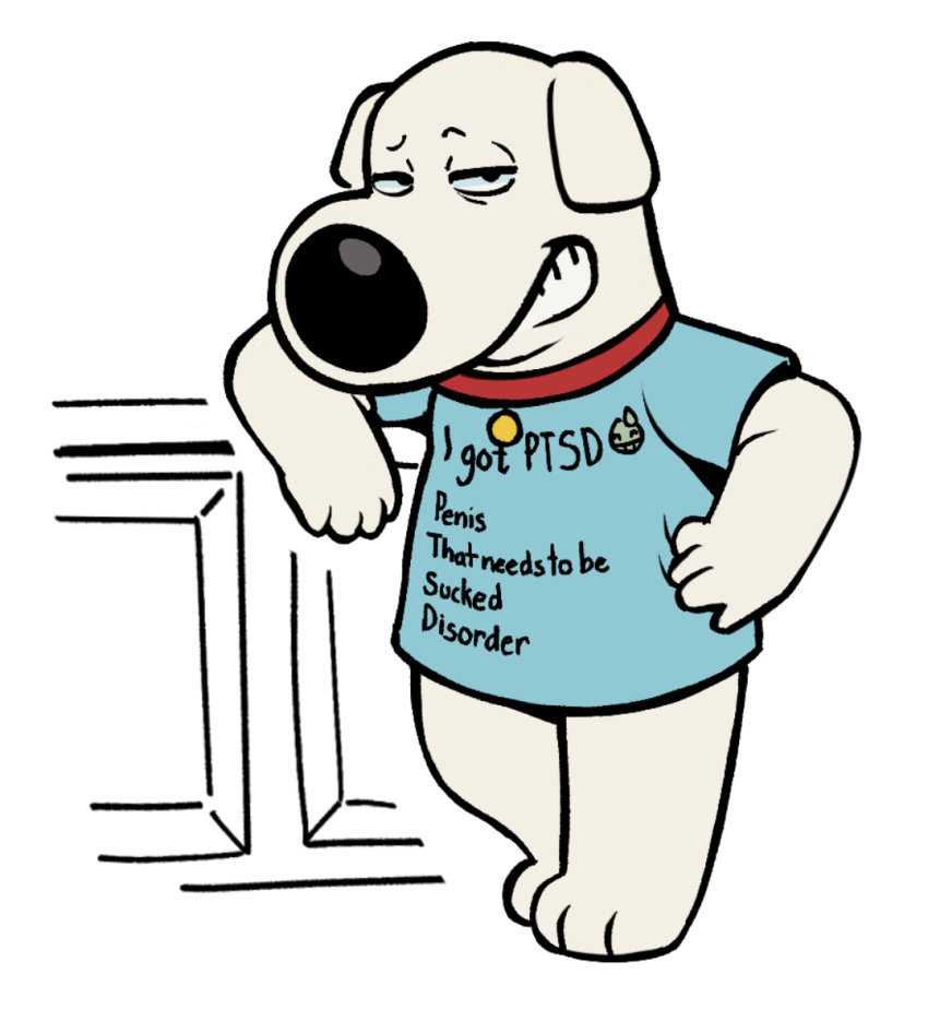 anonpupb anthro brian_griffin canid canine canis clothing collar domestic_dog english_text family_guy half-closed_eyes looking_at_viewer male mammal narrowed_eyes shirt smile solo text topwear