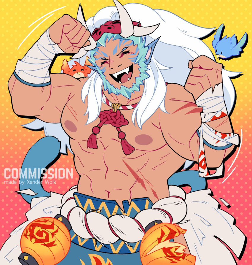 1boy abs animal_ears artist_name bandages bara beard bird blue_bird blue_hair clenched_hands closed_eyes commission facial_hair fangs fire_emblem fire_emblem:_radiant_dawn fire_emblem_heroes full_beard highres japanese_clothes lantern large_pectorals male_focus mask mask_on_head mordecai_(fire_emblem) mordecai_(flame)_(fire_emblem) muscular muscular_male nipples official_alternate_costume oni_mask open_mouth orange_bird paper_lantern pectorals smile tail tiger_boy tiger_ears topless_male watermark xander_wolk