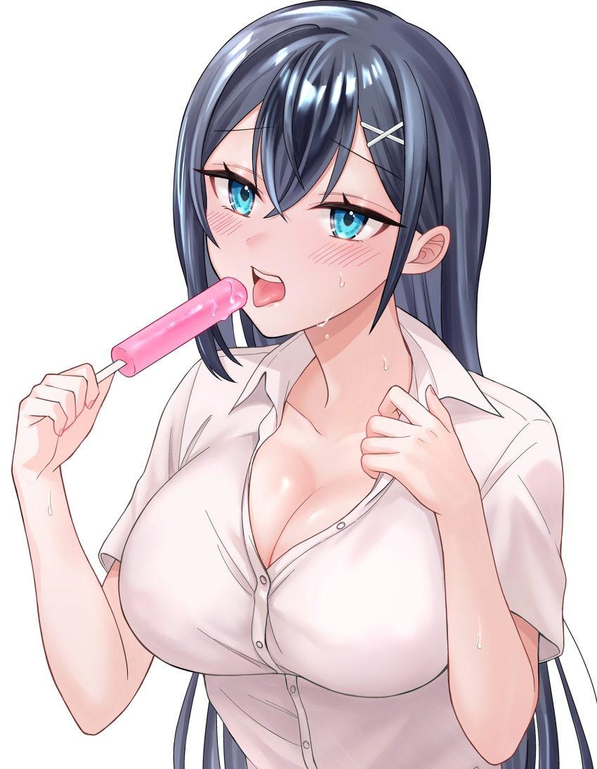 black_hair blue_eyes breasts cleavage collarbone collared_shirt commentary_request eating female food hair_between_eyes hair_ornament hand_on_own_chest highres holding holding_food holding_popsicle large_breasts light_blush long_hair looking_at_viewer open_mouth original popsicle school_uniform sexually_suggestive shirt short_sleeves simple_background solo sumikawa_haru teeth tongue tongue_out upper_body upper_teeth_only white_background white_shirt x_hair_ornament