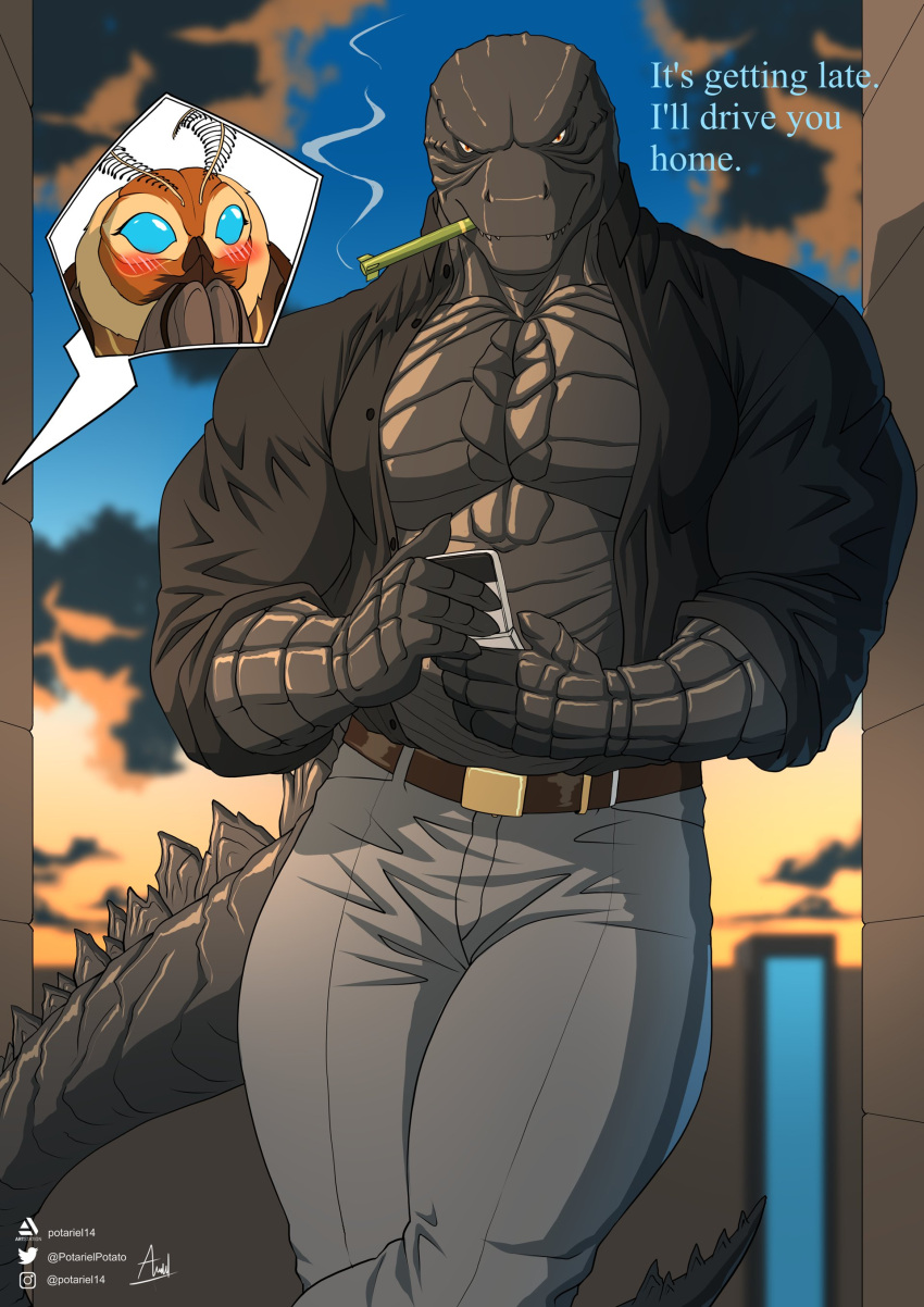 absurd_res anthro arthropod blush clothed clothing duo english_text female godzilla godzilla_(series) hi_res insects kaiju lepidopteran male moth mothra mothra_(series) muscular muscular_male open_clothing open_shirt open_topwear potariel14 scalie shirt smoking text toho topwear weapon