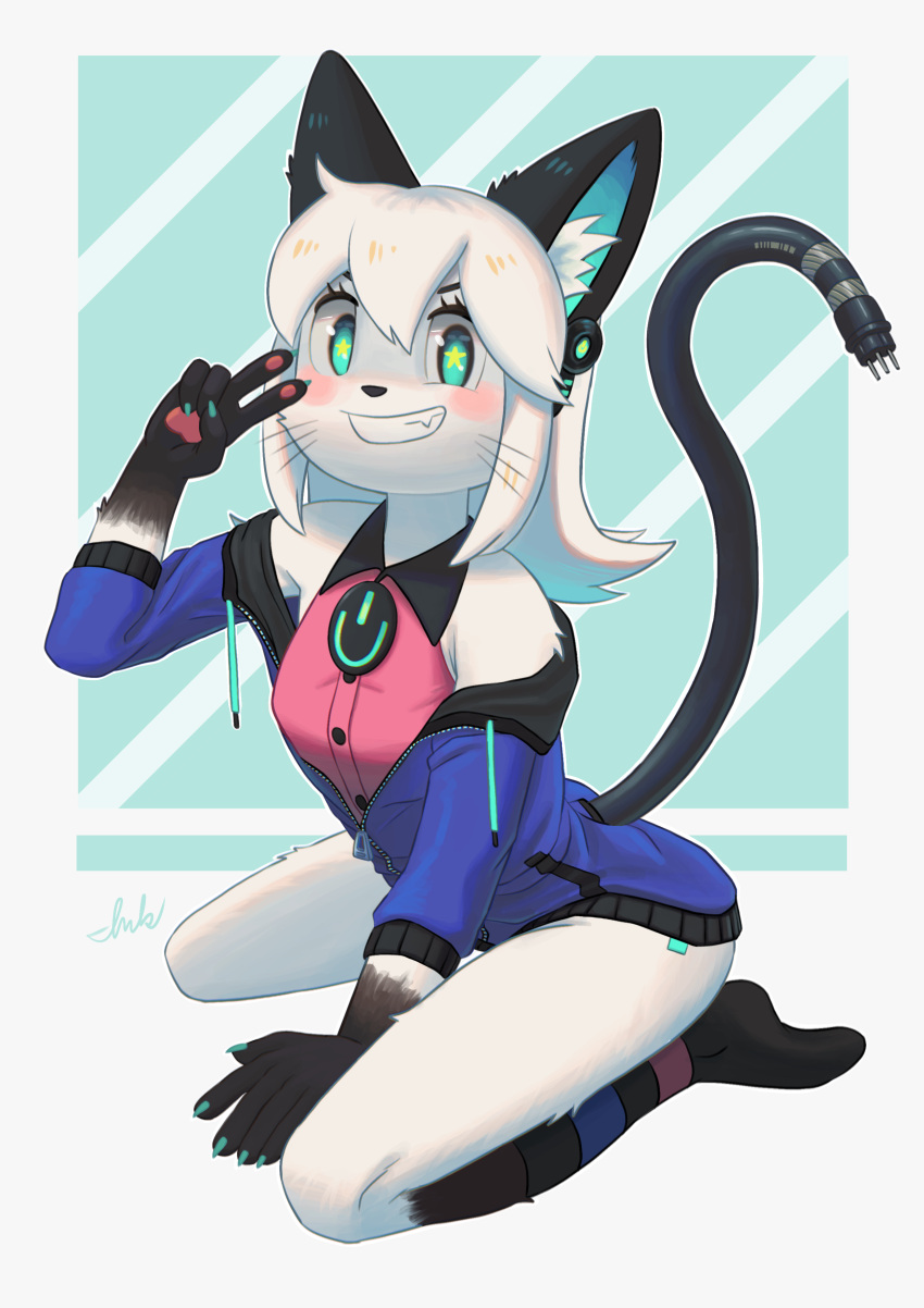 absurd_res anthro blue_clothing blue_jacket blue_topwear breasts call_me_ink clothing cybernetics digitan_(porforever) felid feline female fur green_eyes hi_res jacket machine mammal pink_clothing small_breasts solo topwear white_body white_fur