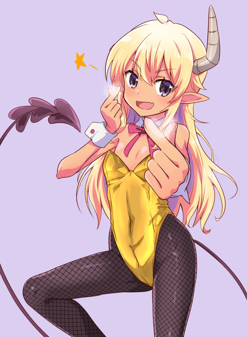 :d ahoge alternate_costume bare_shoulders blonde_hair blush bow bowtie commentary_request dark-skinned_female dark_skin demon_girl demon_horns demon_tail detached_sleeves double_finger_heart feet_out_of_frame female finger_heart fishnet_pantyhose fishnets flat_chest foreshortening hair_between_eyes hands_up happy heart highleg highleg_leotard highres horns leotard lilith_(machikado_mazoku) long_hair looking_at_viewer machikado_mazoku mukaibi_aoi oerba_yun_fang open_mouth pantyhose pink_bow pink_bowtie playboy_bunny pointy_ears purple_background purple_eyes sidelocks simple_background skin_fang smile solo star_(symbol) strapless strapless_leotard tail v-shaped_eyebrows white_wrist_cuffs wrist_cuffs yellow_leotard