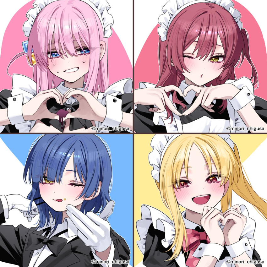 4-finger_heart_hands 4girls black_dress black_jacket blonde_hair blue_eyes blue_hair blush bocchi_the_rock! bow bowtie breasts butler chigusa_minori cleavage collared_shirt cube_hair_ornament dress dress_shirt food food_on_face gloves gotoh_hitori hair_between_eyes hair_ornament hairclip hand_up heart heart_hands highres ijichi_nijika jacket kita_ikuyo licking_lips long_hair long_sleeves looking_at_viewer maid maid_headdress mole mole_under_eye multiple_girls nervous_sweating one_eye_closed one_side_up open_mouth parted_bangs pink_hair polka_dot_bowtie red_bow red_bowtie red_eyes red_hair shirt short_hair side_ponytail sidelocks sweat tongue tongue_out twitter_username upper_body white_gloves white_shirt white_wrist_cuffs wrist_cuffs yamada_ryo yellow_eyes