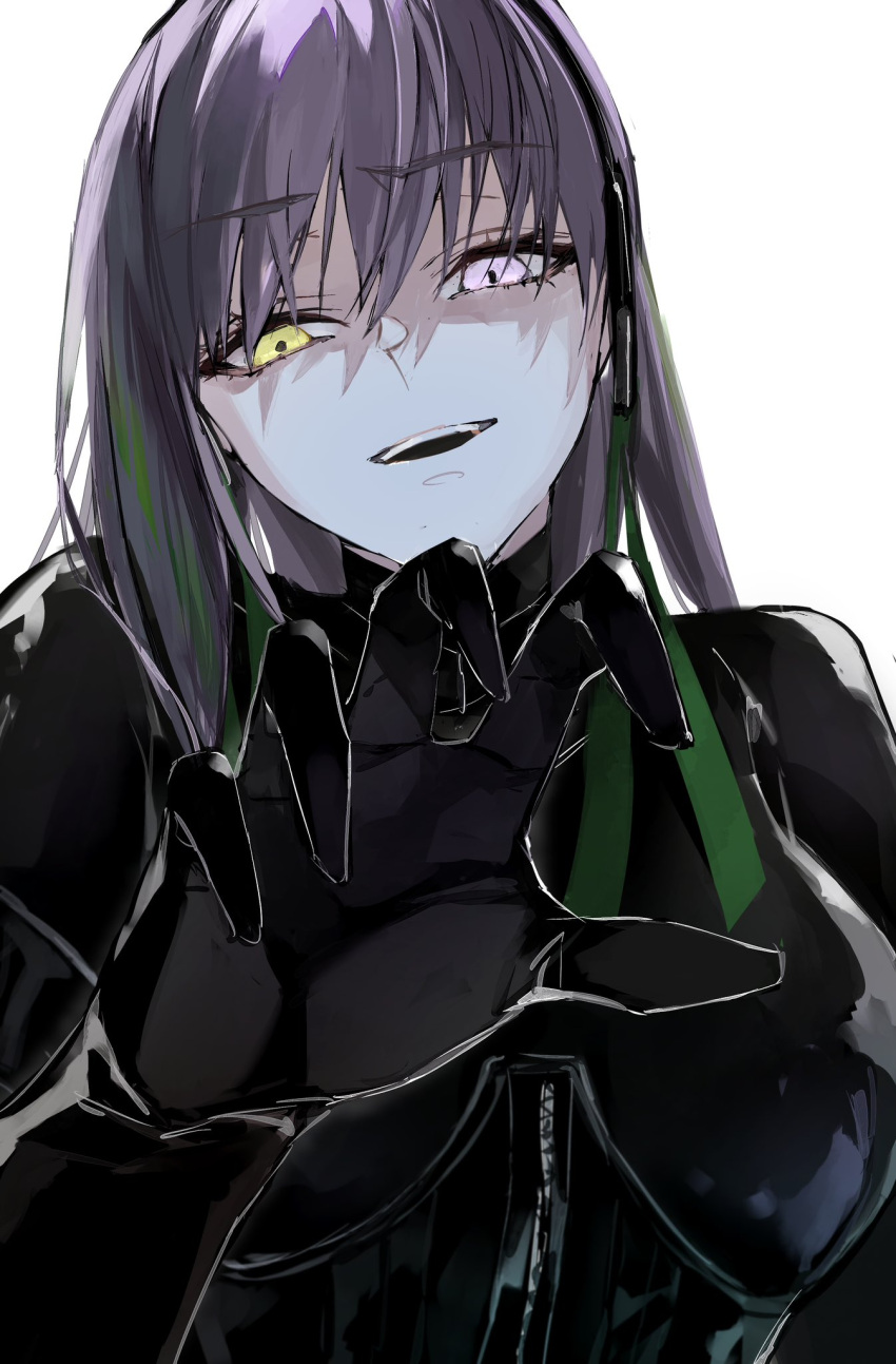 black_bodysuit black_gloves bodysuit breasts elbow_gloves fate/grand_order fate_(series) female giant giantess gimp_suit gloves green_ribbons hair_ribbon hairband heterochromia highres kingprotea_(fate) kino_kokko latex latex_bodysuit long_hair looking_at_viewer medium_breasts open_mouth purple_eyes purple_hair ribbon smile solo xochitonal_(fate) yellow_eyes