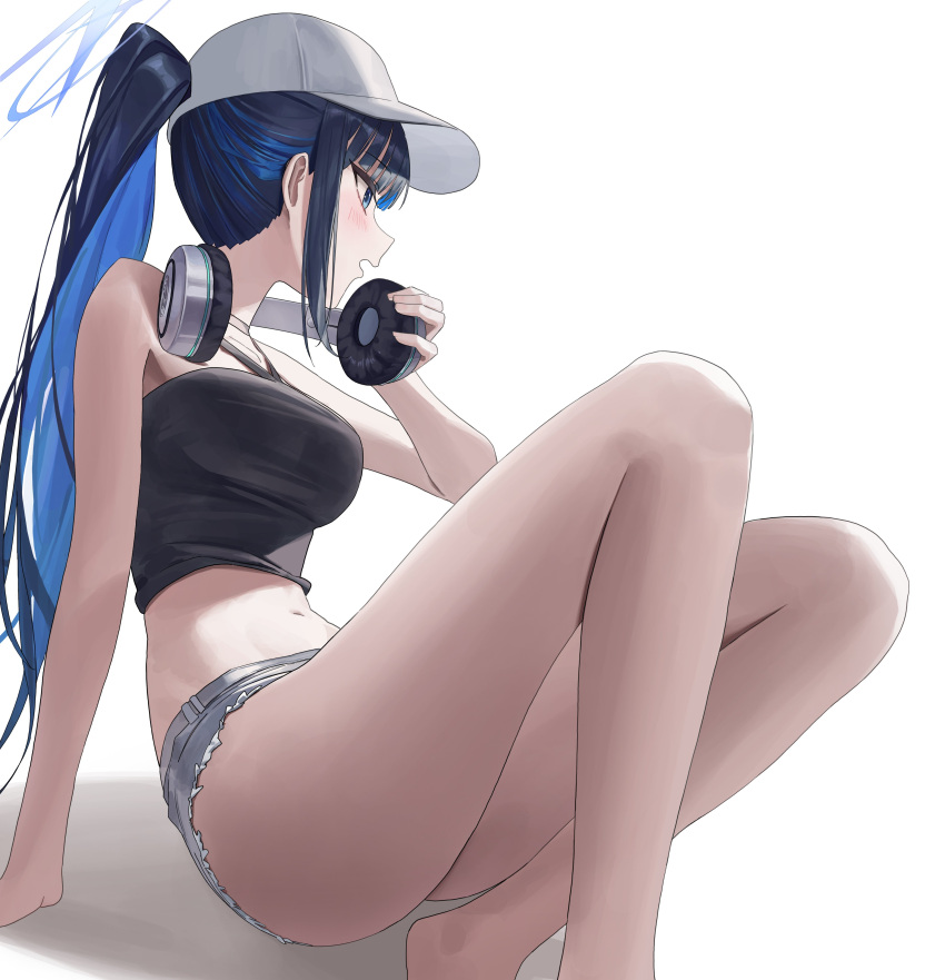 absurdres baseball_cap black_camisole blue_archive blue_halo camisole colored_inner_hair cross_halo denim denim_shorts female halo hat headphones headphones_around_neck highres multicolored_hair official_alternate_costume saori_(blue_archive) saori_(swimsuit)_(blue_archive) shorts simple_background ske4682 solo white_background white_hat