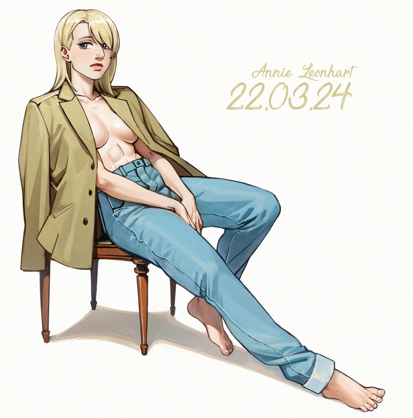 abs adelheid_(moschiola) alternate_hairstyle annie_leonhart barefoot blonde_hair blue_eyes blue_pants breasts brown_jacket chair character_name commentary contemporary dated denim eyebrows_hidden_by_hair female frown full_body hair_over_one_eye high-waist_pants highres jacket jacket_on_shoulders jeans medium_breasts no_shirt pants shingeki_no_kyojin sitting solo