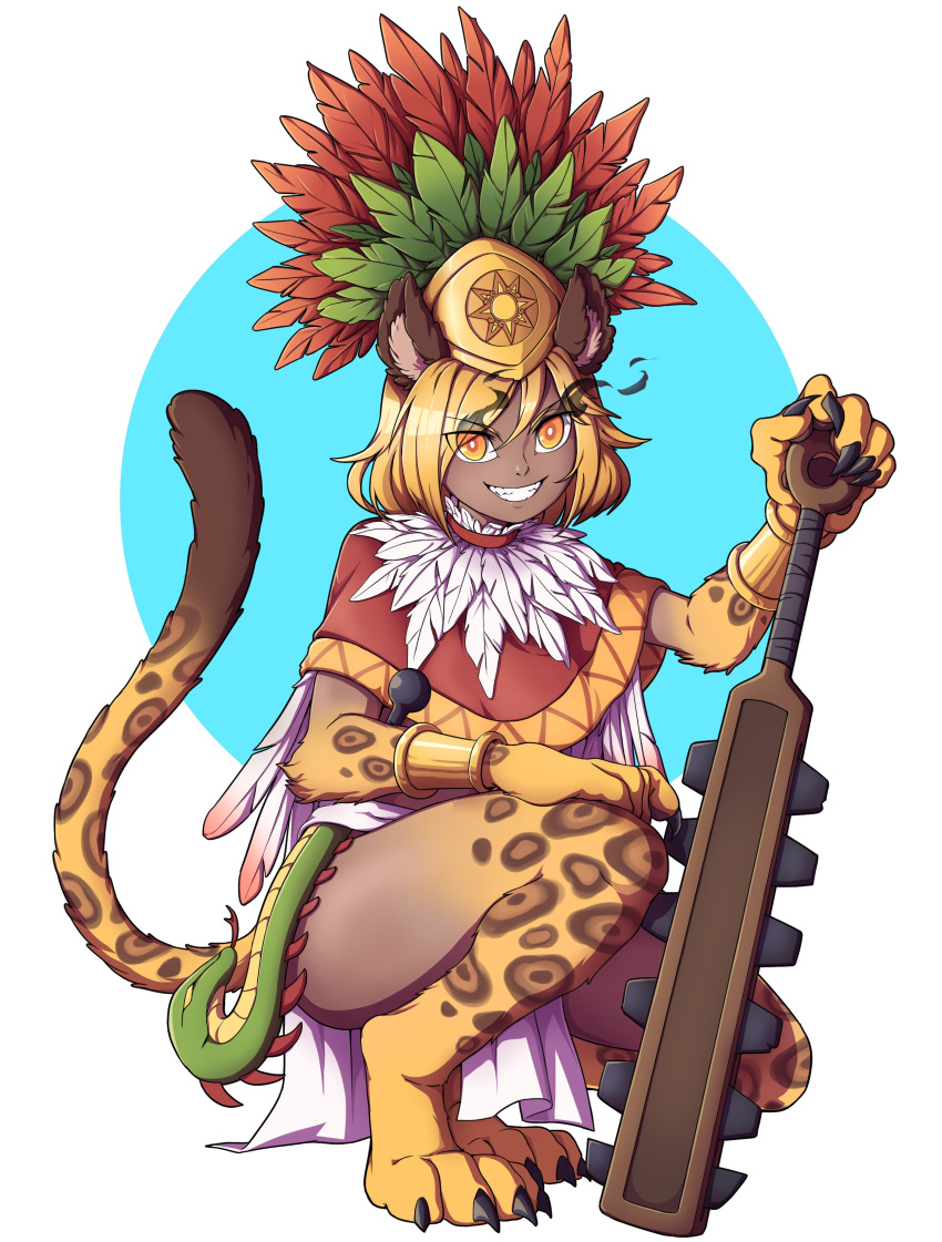 absurdres animal_ears bracelet dark_skin english_commentary feathers female highres jaguar_ears jaguar_girl jaguar_tail jewelry macuahuitl mefomefo monster_girl original poncho smile snake solo tail thighs tongue tongue_out warrior yellow_eyes