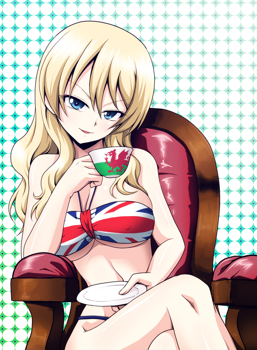 absurdres alternate_costume alternate_hairstyle blonde_hair blue_eyes breasts crossed_legs cup darjeeling_(girls_und_panzer) female girls_und_panzer hair_down highres holding holding_cup kamishima_kanon large_breasts long_hair looking_at_viewer on_chair polka_dot polka_dot_background sitting teacup union_jack union_jack_bikini