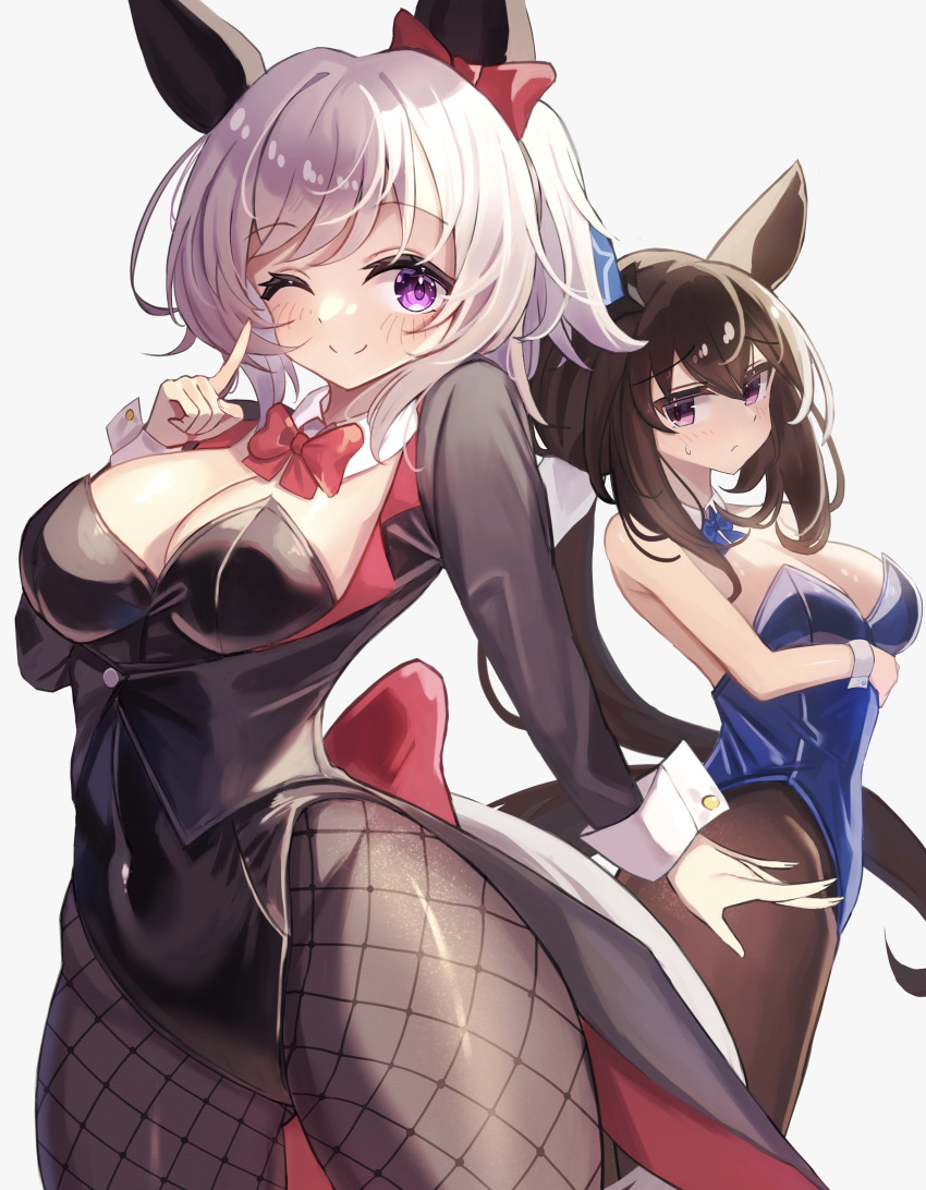 2girls absurdres admire_vega_(umamusume) alternate_costume animal_ears breasts brown_hair cleavage closed_mouth collarbone commentary_request curren_chan_(umamusume) grey_hair hair_between_eyes hair_ornament highres horse_ears horse_girl long_hair looking_at_viewer medium_breasts medium_hair multiple_girls playboy_bunny ponytail purple_eyes smile sweat taguchi_yuu umamusume white_background