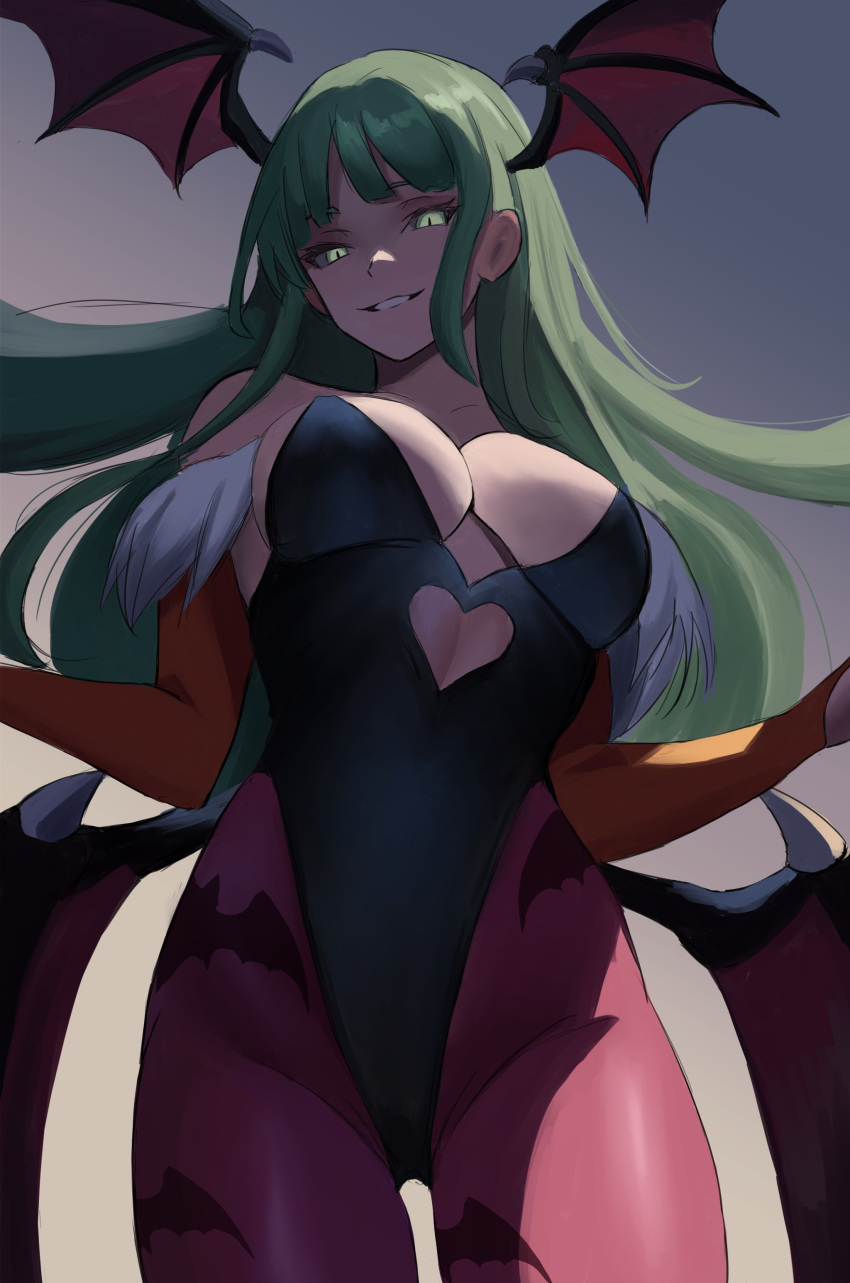 absurdres animal_print bat_print black_leotard bridal_gauntlets darkstalkers female green_eyes green_hair head_wings highres hyakka_(momokashinryu14) leotard long_hair looking_at_viewer morrigan_aensland pantyhose smile solo strapless strapless_leotard wings