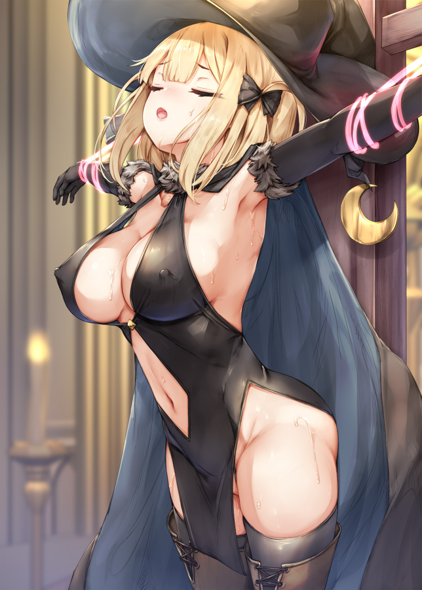 armpits black_dress black_gloves black_thighhighs blonde_hair blush boots breasts cape cleavage closed_eyes covered_nipples crescent crescent_hat_ornament crucifixion dress elbow_gloves female fur_trim gloves hair_ribbon hat hat_ornament highres large_breasts navel open_mouth original outstretched_arms pole ribbon short_hair solo spread_arms sugiyuu thigh_boots thighhighs witch_hat