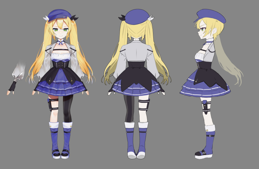 artist_request black_gloves black_pantyhose blonde_hair blue_footwear blue_hat blue_skirt check_artist closed_mouth cropped_jacket dokibird_(vtuber) dokibird_(vtuber)_(retro_doki) dress female fingerless_gloves full_body gloves green_eyes grey_background grey_jacket hat highres indie_virtual_youtuber jacket klaeia long_hair long_sleeves multiple_views official_art open_clothes open_jacket pantyhose reference_sheet simple_background single_leg_pantyhose skirt smile twintails virtual_youtuber