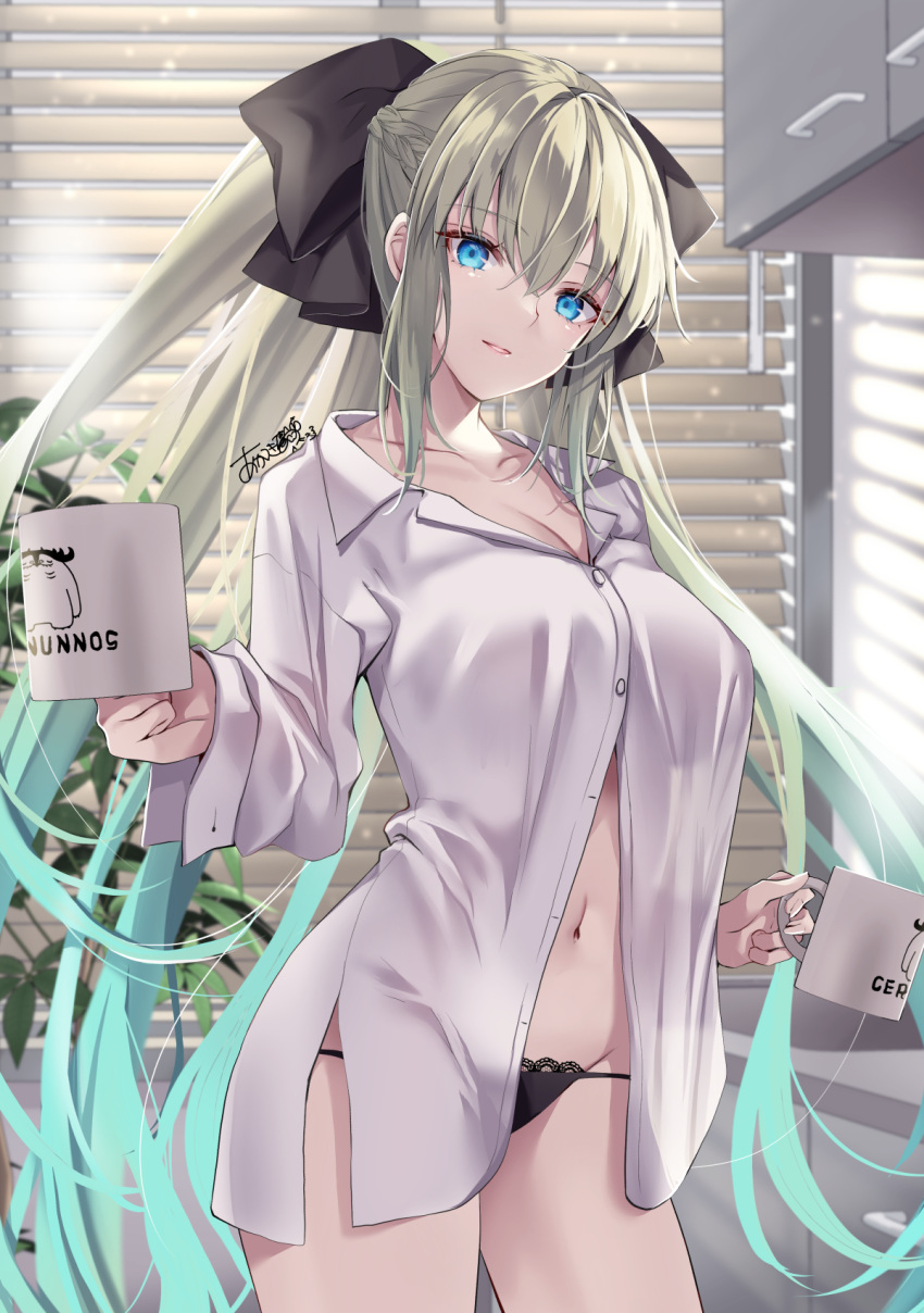 akatsuki_hijiri black_bow black_panties blue_eyes bow braid breasts cernunnos_(fate) character_print cleavage cup fate/grand_order fate_(series) female grey_hair hairbow highres large_breasts long_hair long_sleeves looking_at_viewer morgan_le_fay_(fate) mug navel panties ponytail shirt sidelocks smile solo thighs underwear very_long_hair white_shirt