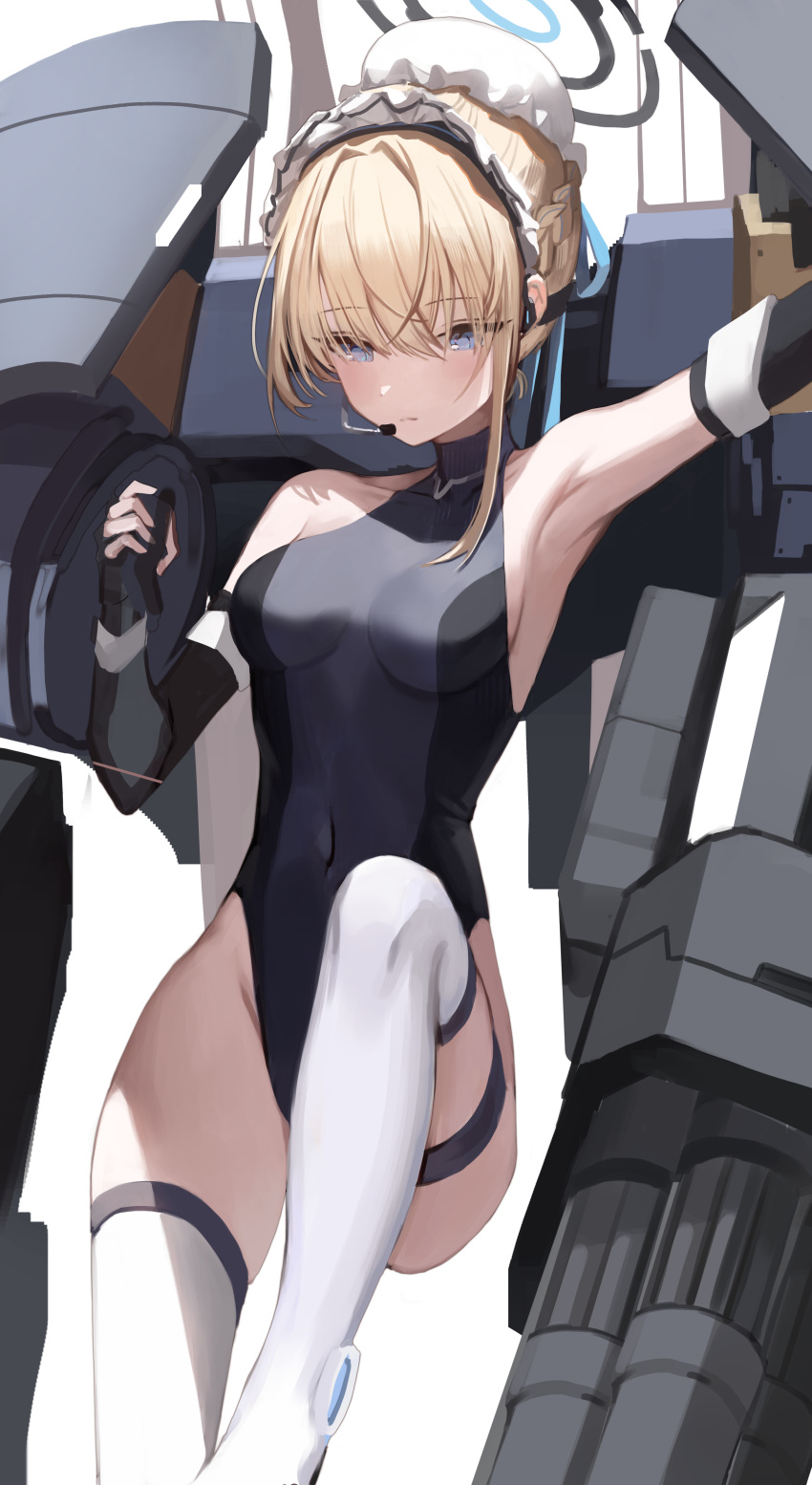 absurdres armpits bare_shoulders black_gloves black_leotard blonde_hair blue_archive blue_eyes blue_halo blunt_bangs braid breasts bun_cover closed_mouth commentary elbow_gloves exoskeleton female fingerless_gloves gloves hair_bun hair_ribbon halo halter_leotard halterneck headset highres leotard looking_afar maid_headdress ribbon seorang short_hair single_hair_bun sleeveless_turtleneck_leotard small_breasts solo thighhighs toki_(blue_archive) white_thighhighs