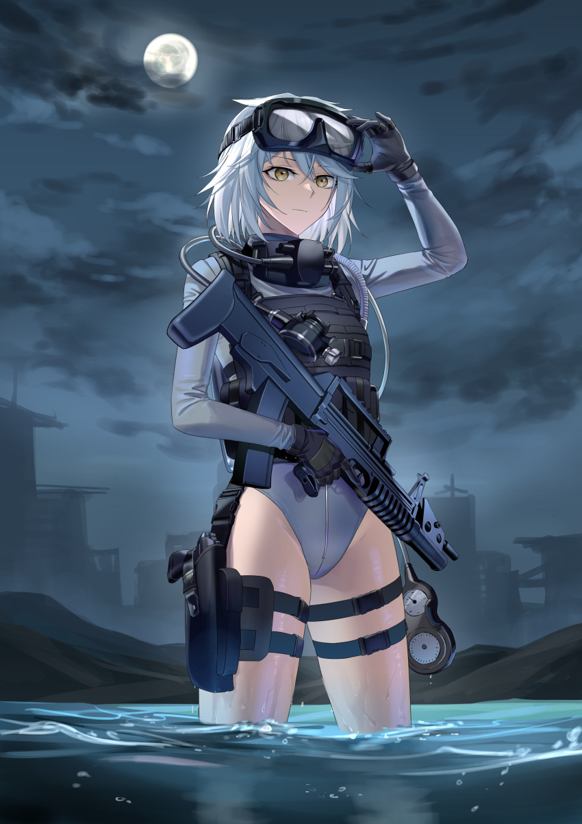 absurdres ads_assault_rifle assault_rifle black_gloves bodysuit bullpup commission diving_suit eyewear_on_head female frogman girls'_frontline_neural_cloud gloves goggles goggles_on_head grey_hair gun handgun highres landscape long_hair looking_at_viewer moon night night_sky partially_submerged pixiv_commission qbz-95 rifle scuba_gear sky skyline solo suprii tasha thigh_strap water weapon wetsuit yellow_eyes