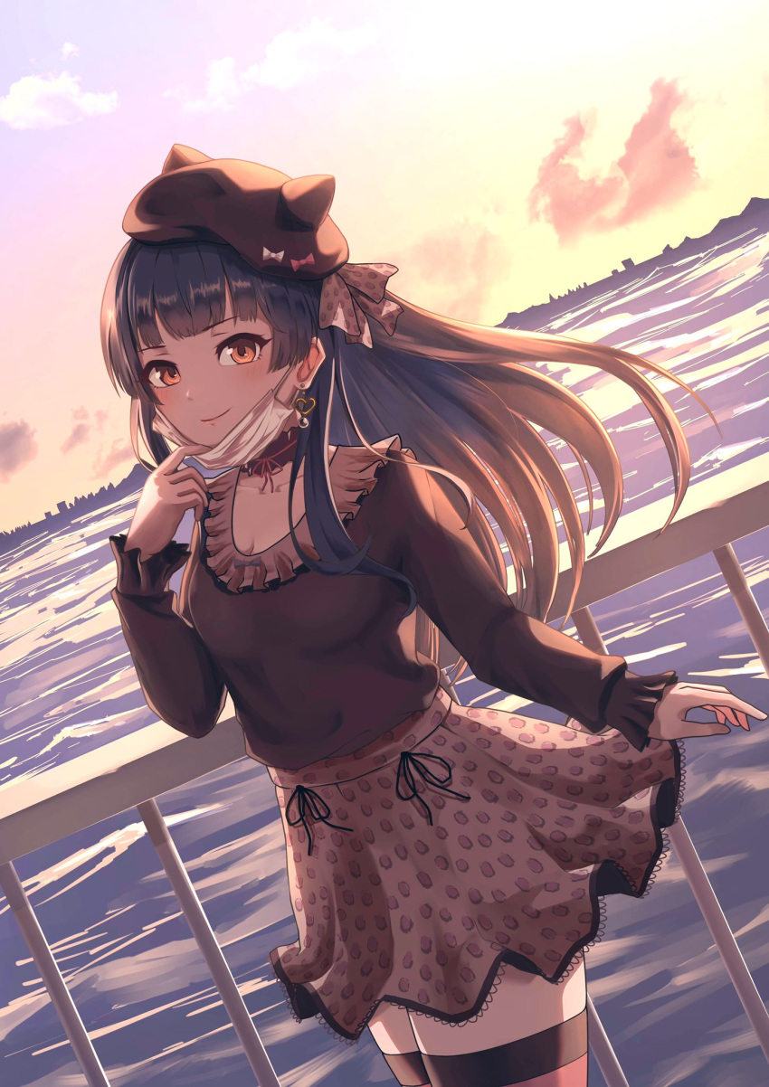 against_fence black_bow black_hair blunt_bangs blush bow breasts brown_choker brown_eyes brown_ribbon brown_shirt brown_skirt choker cleavage closed_mouth collarbone cowboy_shot dot_nose dress_bow dutch_angle earrings female fence floating_hair gradient_sky hand_up hat hat_ribbon heart heart_earrings highres idolmaster idolmaster_shiny_colors jewelry long_hair long_sleeves looking_at_viewer mask_pull mayuzumi_fuyuko medium_breasts neck_ribbon outdoors painapo pink_ribbon polka_dot polka_dot_ribbon red_ribbon ribbon shirt skirt sky smile solo standing two-tone_thighhighs water white_ribbon zettai_ryouiki