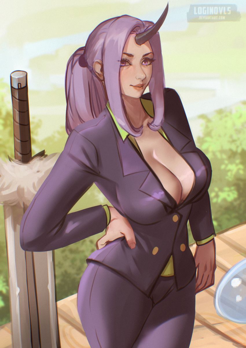 absurdres breasts cleavage cowboy_shot curtained_hair female hand_on_own_hip highres horns large_breasts lips loginovls outdoors pants planted planted_sword ponytail purple_eyes purple_hair purple_pants purple_suit shion_(tensei_shitara_slime_datta_ken) signature single_horn solo suit sword tensei_shitara_slime_datta_ken weapon