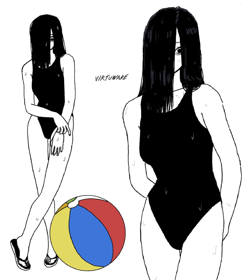 arms_behind_back artist_name bags_under_eyes ball beachball black_eyes black_hair black_one-piece_swimsuit colored_skin cowboy_shot crossed_legs english_commentary facing_viewer female flip-flops full_body ghost ghost_girl greyscale hair_over_one_eye highres long_hair looking_at_viewer looking_down messy_hair monochrome multiple_views one-piece_swimsuit sandals signature spot_color swimsuit the_ring twitter_username virtuware wet wet_clothes wet_swimsuit white_background white_skin yamamura_sadako