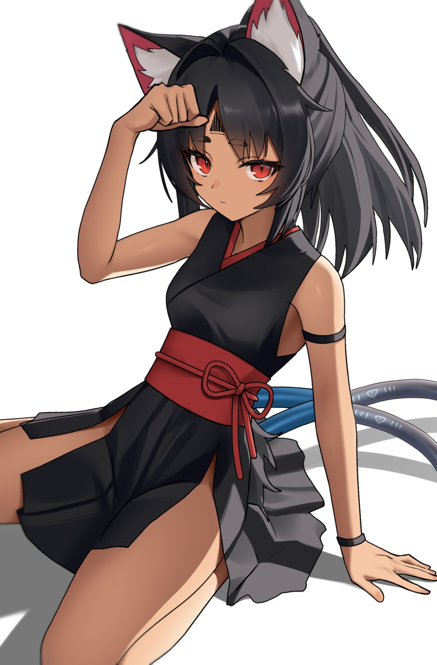 absurdres animal_ear_fluff animal_ears black_hair cat_ears cat_girl cat_tail closed_mouth cowboy_shot dark-skinned_female dark_skin facial_mark female fingernails forehead_mark highres long_hair multiple_tails nekomiya_hinata parted_bangs ponytail red_eyes shadow simple_background sleeveless solo tail thomas_8000 two_tails white_background zenless_zone_zero