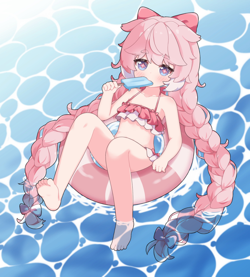 bare_shoulders barefoot bikini blue_eyes blush bow braid caustics collarbone commentary_request cross-shaped_pupils eating encore_(wuthering_waves) eyelashes feet female food food_in_mouth frilled_bikini frilled_bikini_top frills hair_between_eyes hairbow halterneck hand_up highres holding holding_food holding_popsicle innertube korean_commentary long_hair looking_at_viewer pink_bikini pink_bow pink_hair pink_innertube pink_pupils popsicle popsicle_in_mouth shirousagi_(user_erwx7425) short_eyebrows sidelocks solo striped_innertube swim_ring swimsuit symbol-shaped_pupils thick_eyebrows toes twin_braids very_long_hair water white_bikini white_innertube wuthering_waves