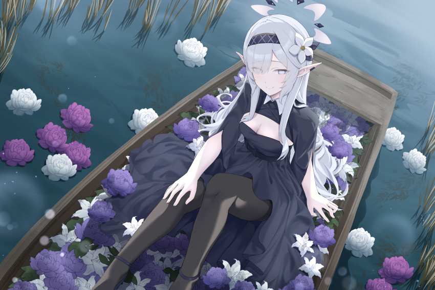 absurdres black_dress black_pantyhose blue_archive boat breasts cleavage closed_mouth dress eyes_visible_through_hair female flower hair_flower hair_ornament halo hand_on_own_knee heimu_(heim_kstr) highres himari_(blue_archive) long_hair looking_at_viewer pantyhose pointy_ears purple_eyes purple_flower sitting smile solo very_long_hair water watercraft white_flower white_hair