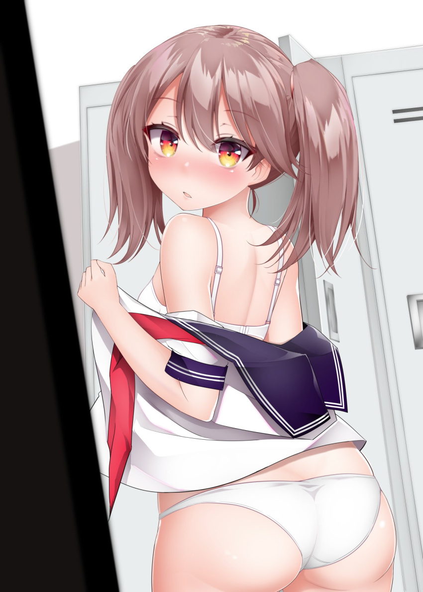 alternate_costume ass blue_sailor_collar blush bra brown_eyes cowboy_shot female from_behind highres indoors kantai_collection kirigakure_(kirigakure_tantei_jimusho) locker locker_room long_hair looking_at_viewer looking_back neckerchief panties parted_lips red_neckerchief ryuujou_(kancolle) sailor_collar sailor_shirt school_uniform serafuku shirt solo twintails underwear visor_cap white_bra white_panties