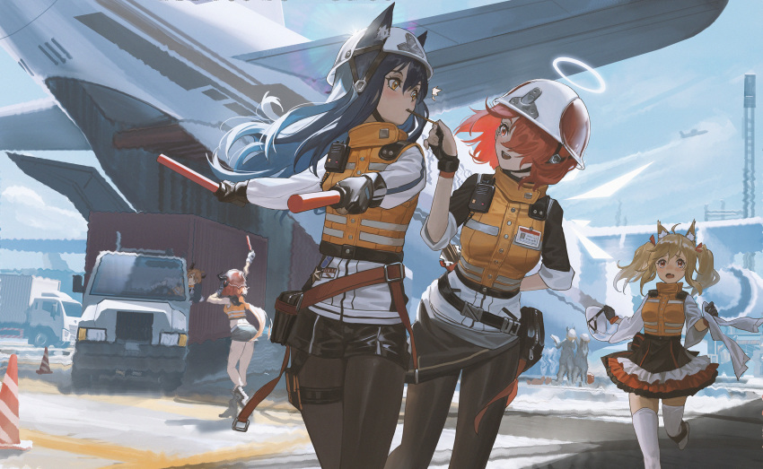 1boy 2others 4girls absurdres ahoge aircraft airplane animal_ear_fluff animal_ears arknights belt bison_(arknights) black_gloves black_hair black_pantyhose black_shorts blonde_hair commentary croissant_(arknights) day exusiai_(arknights) gloves hair_between_eyes halo helmet highres jacket long_hair looking_at_another motor_vehicle mouth_hold multiple_girls multiple_others orange_vest outdoors pantyhose penguin_logistics_(arknights) pouch red_hair semi_truck shipping_container short_hair short_shorts short_sleeves shorts sora_(arknights) texas_(arknights) trailer truck ttk_(kirinottk) twintails vest white_headwear white_jacket wolf_ears yellow_eyes