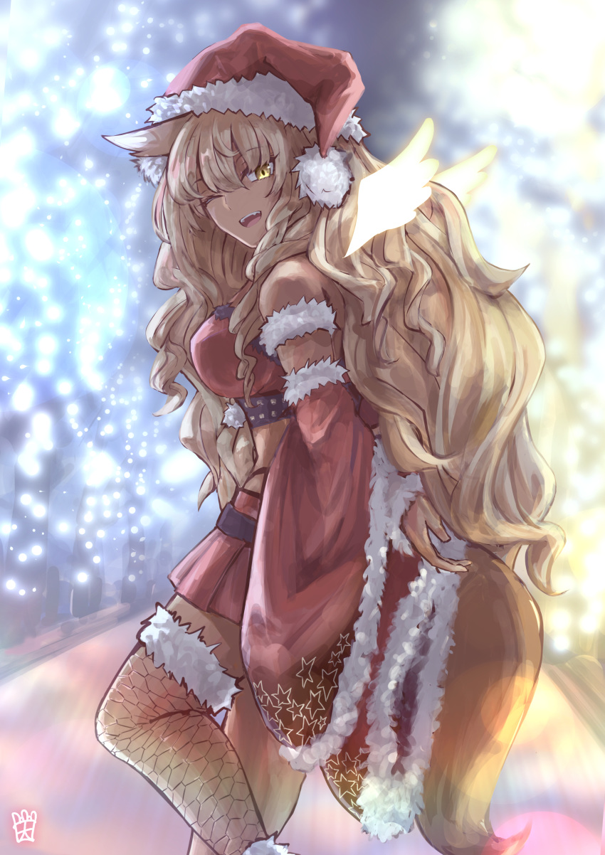 absurdres animal_ear_fluff animal_ears bare_shoulders bell blonde_hair breasts choker cleavage collarbone dark-skinned_female dark_skin detached_sleeves energy_wings fate/grand_order fate/grand_order_arcade fate_(series) female fox_ears fox_girl fox_tail fur_trim gyaru hat highres large_breasts long_hair looking_at_viewer looking_back neck_bell one_eye_closed ootato open_mouth santa_costume santa_hat smile solo suzuka_gozen_(fate) suzuka_gozen_(santa)_(fate) tail tan thighs wide_sleeves wings