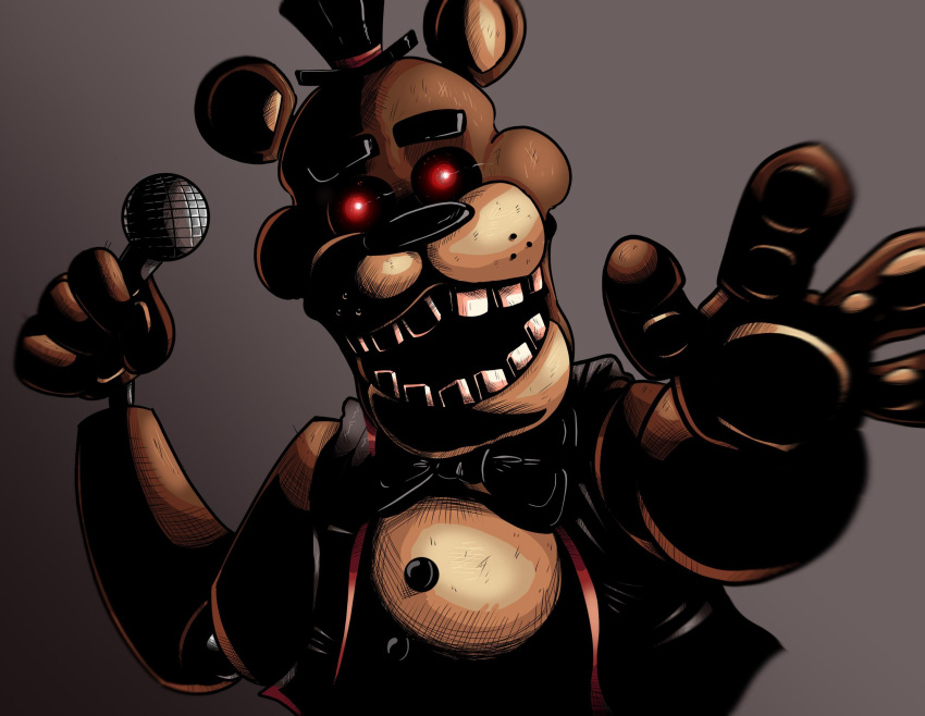 2020 animatronic anthro bear big_bow_tie black_eyebrows black_nose bow_tie brown_background brown_body clothed clothing electronics eyebrows fangame fazbear_fanverse five_nights_at_freddy's five_nights_at_freddy's_plus freckles freddy_(fnaf) freddy_(fnafplus) glowing glowing_eyes hat headgear headwear hi_res looking_at_viewer machine male mammal microphone multicolored_body not-cucumber open_mouth pawpads paws raised_arm red_eyes robot round_ears scottgames simple_background smile solo standing tan_body teeth top_hat topwear vest